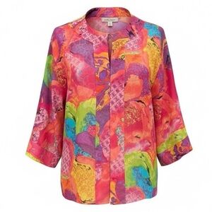 Laura Ashley 100% Silk Multicolor Open Front Kimono Top Size Small Spring Floral